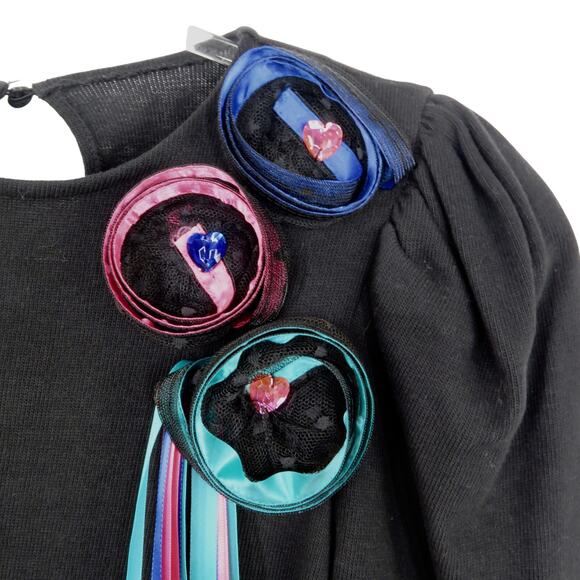 Just Tina 80s Vintage Sweater Black Ribbon Rose Rhinestone Funky Retro Large - Picture 4 of 5